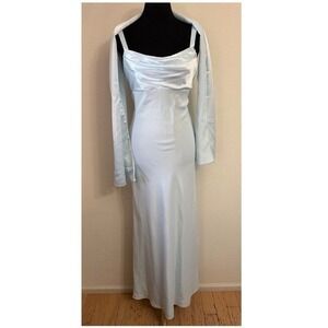 NEW Aspeed USA Light Blue Satin Cowl Neck Formal Gown Draped Back & Wrap Small